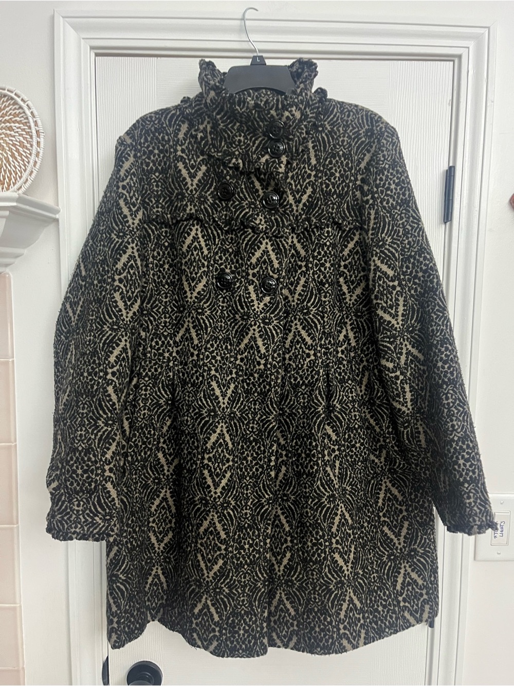 Steve Madden Black and Cream Patterned Wool Blend Double-Breasted Duster